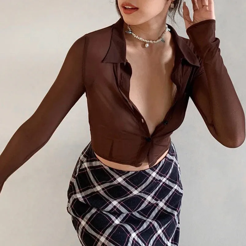 Brown Vintage Y2K Mesh Tops Women Button Up Long Sleeve Cropped Tee Shirt See Through Sexy Rave E Girl T-Shirts Autumn блузка