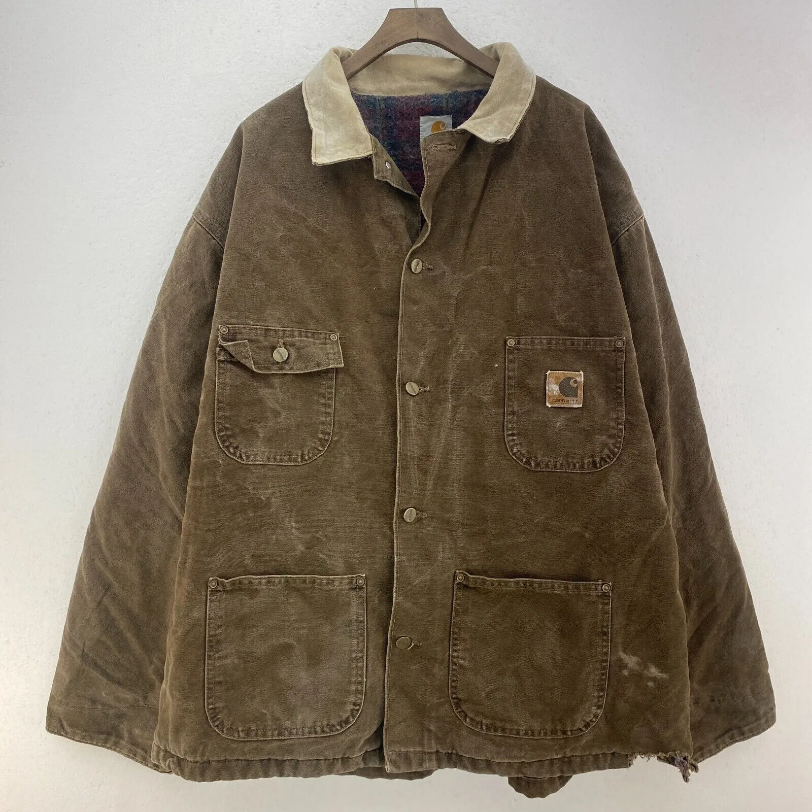 Carhartt Logo Canvas Brown Vintage Button Up Blanket Lined Jacket Size XXXL