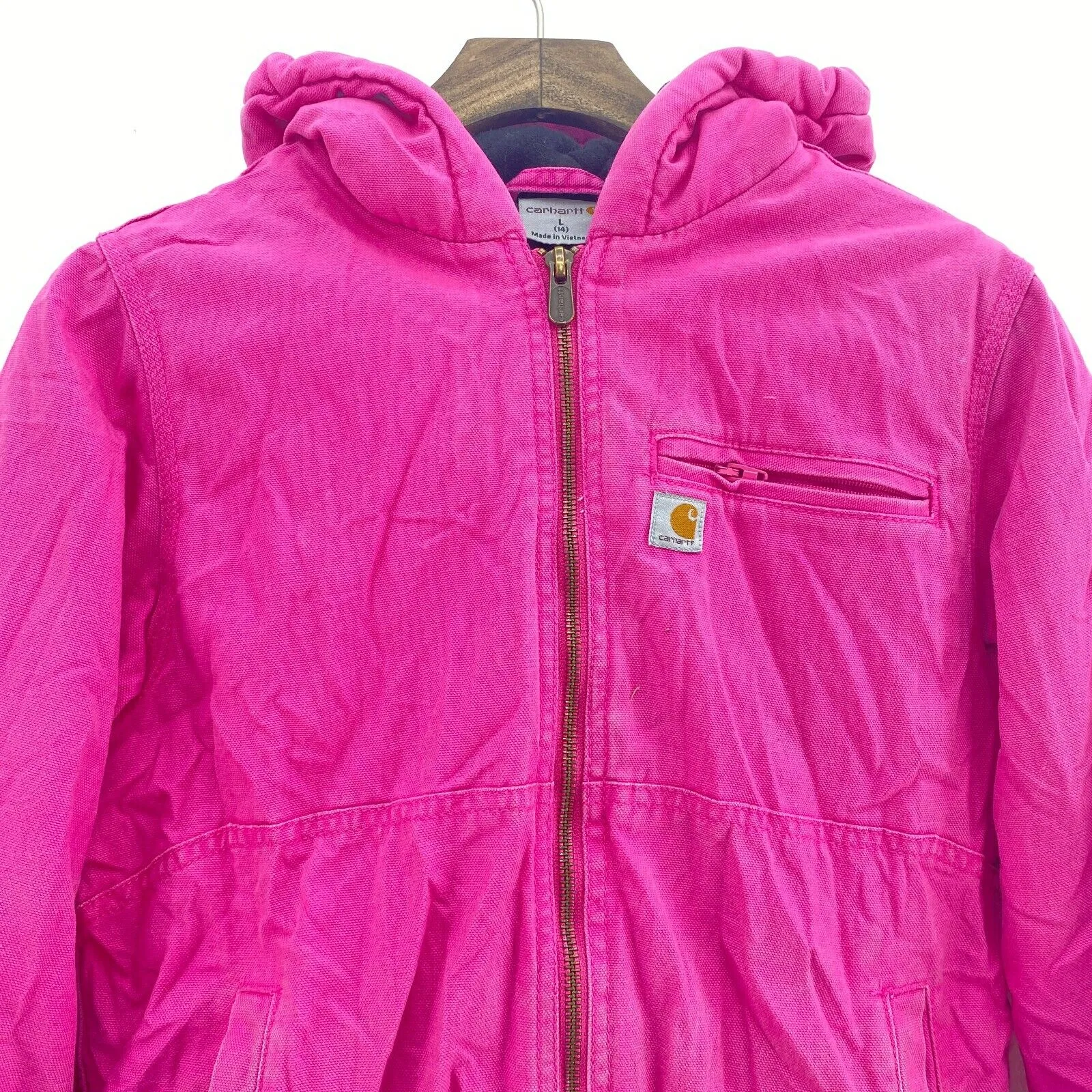 Carhartt Logo Hooded Full Zip Pink Vintage Jacket Girls Size L