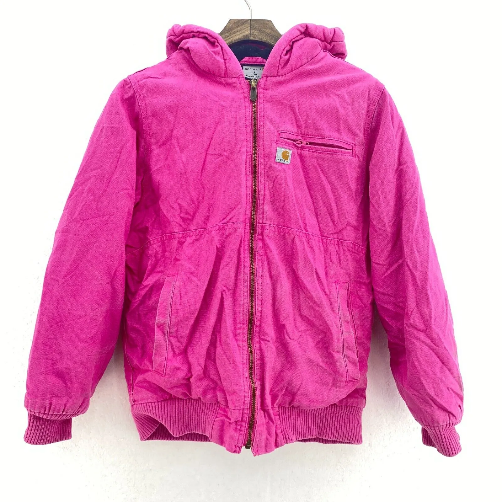 Carhartt Logo Hooded Full Zip Pink Vintage Jacket Girls Size L