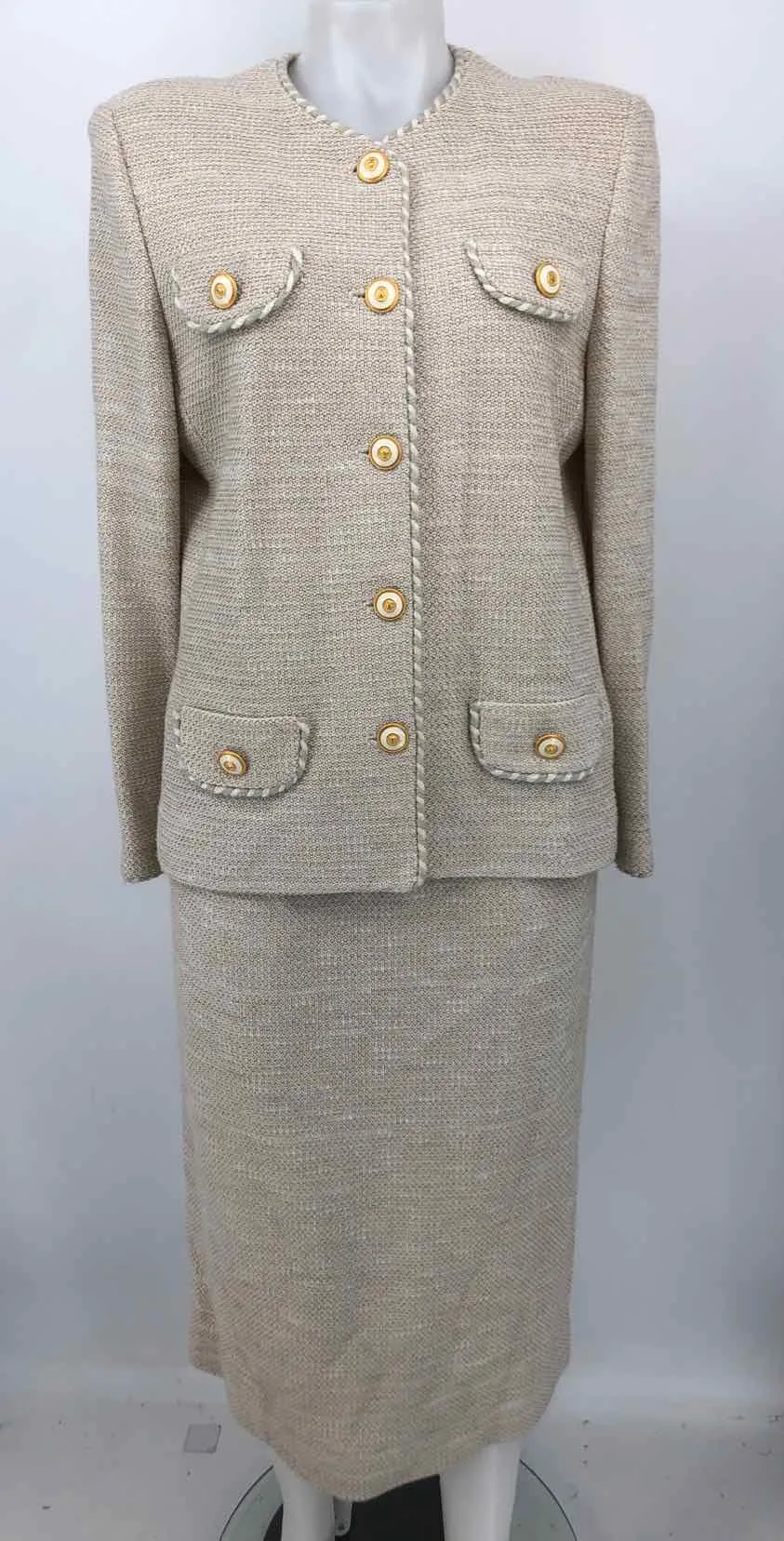 CASTLEBERRY Beige Gold Size 12  (L) Woven Buttons Skirt Suit