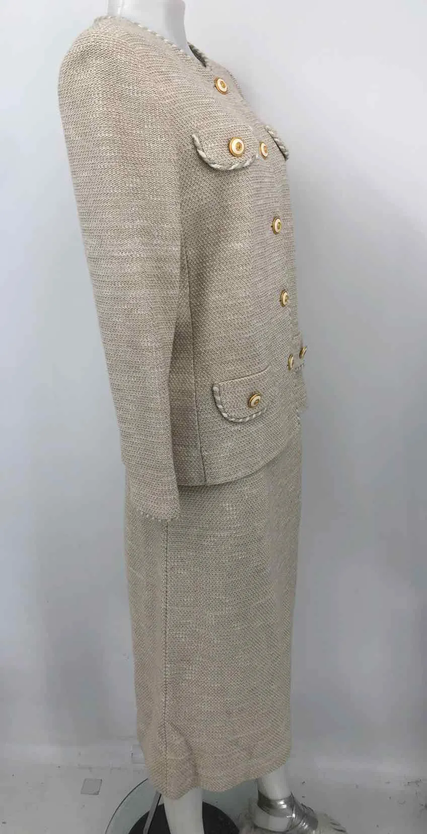 CASTLEBERRY Beige Gold Size 12  (L) Woven Buttons Skirt Suit