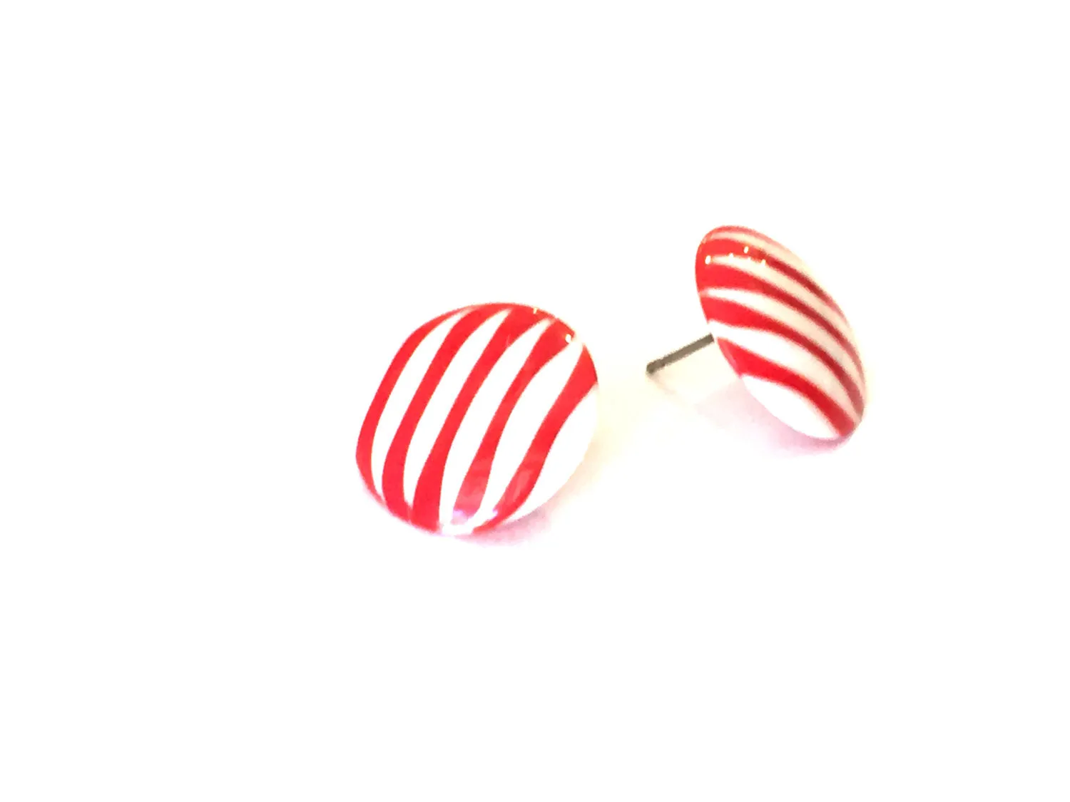 Cherry Red & White Stripe Pin Stripe Disc Stud Earrings