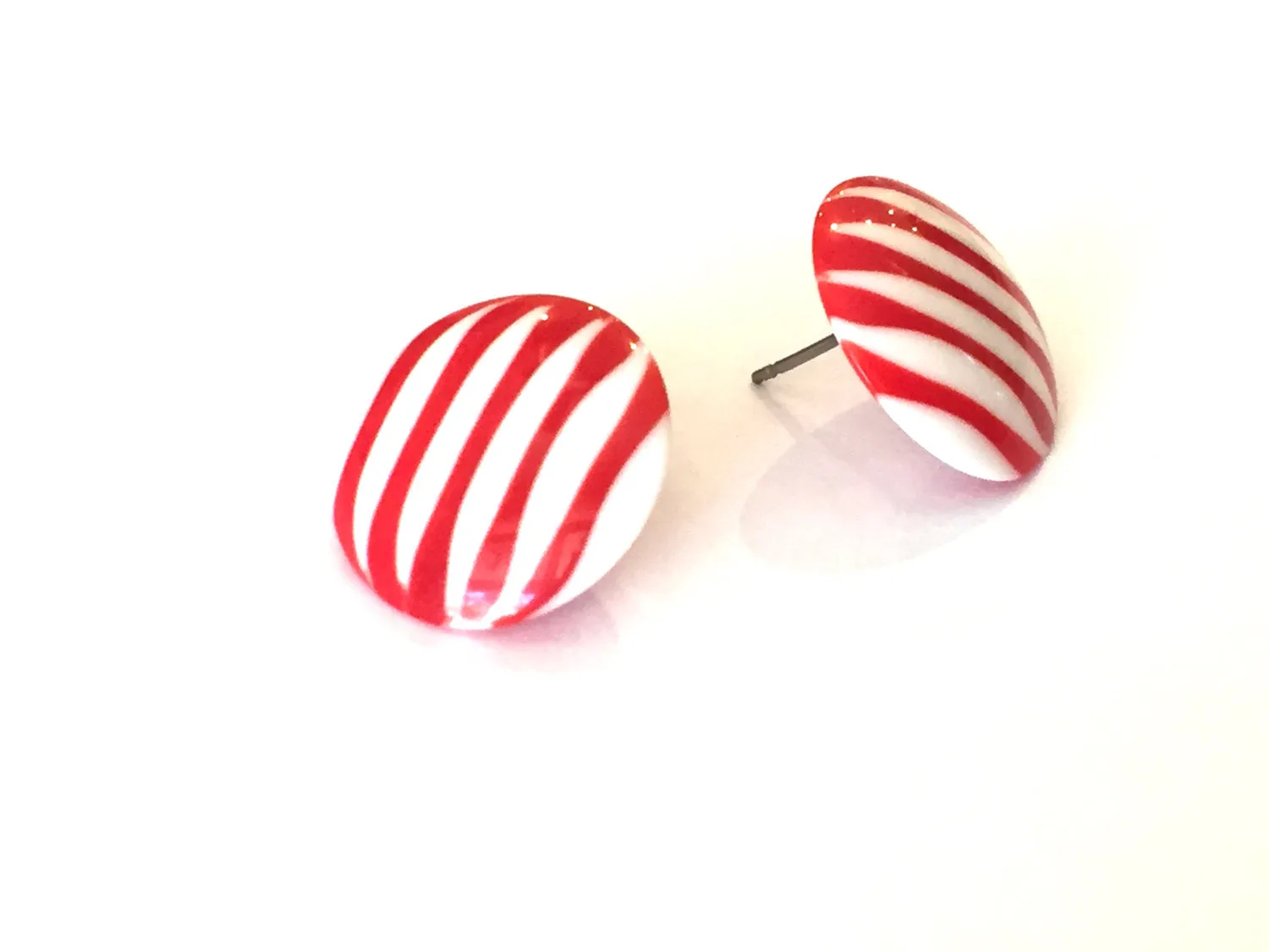 Cherry Red & White Stripe Pin Stripe Disc Stud Earrings