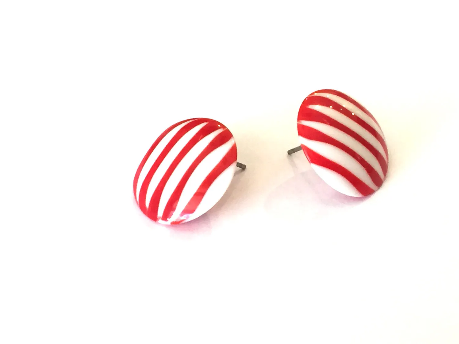 Cherry Red & White Stripe Pin Stripe Disc Stud Earrings