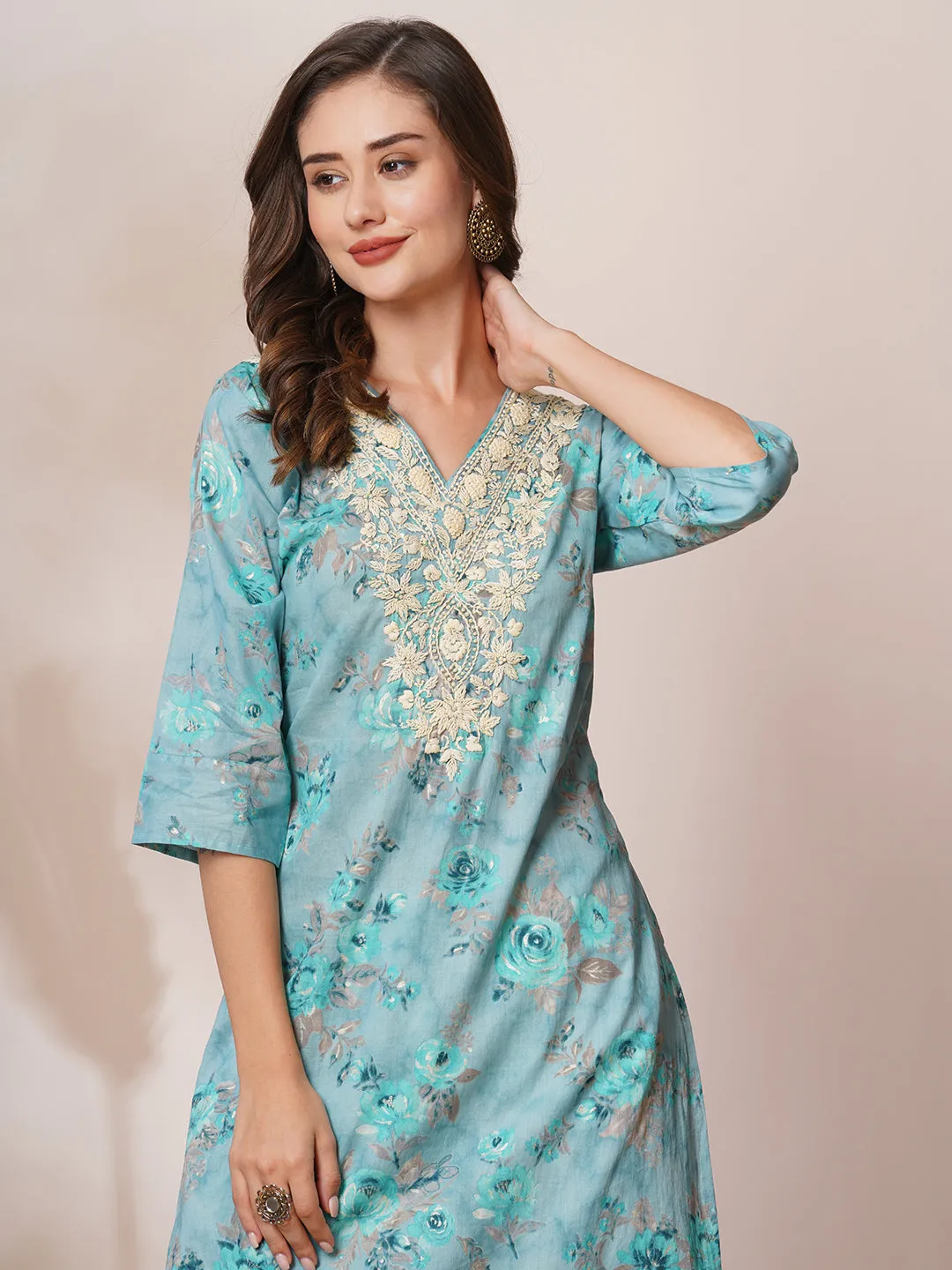 Chikankari Embroidered & Ethnic Foil Printed Straight Fit Kurta - Blue