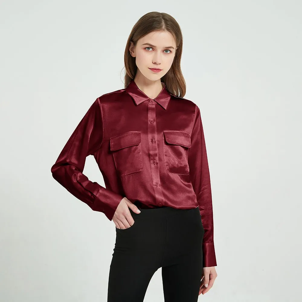 Classic 22 Momme Silk Shirts For Women Long Sleeves Silk Top With Two Patch Pockets