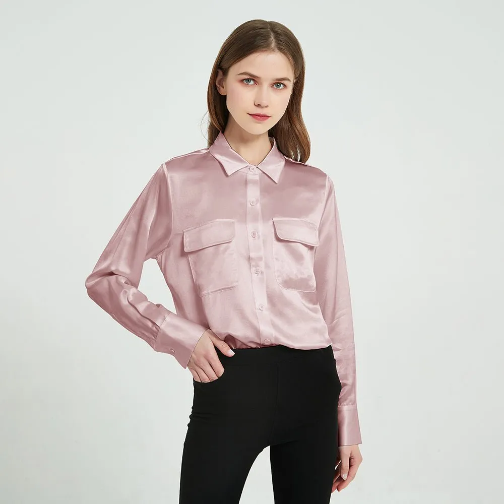 Classic 22 Momme Silk Shirts For Women Long Sleeves Silk Top With Two Patch Pockets