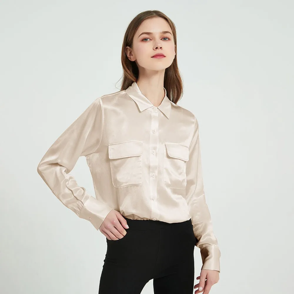 Classic 22 Momme Silk Shirts For Women Long Sleeves Silk Top With Two Patch Pockets