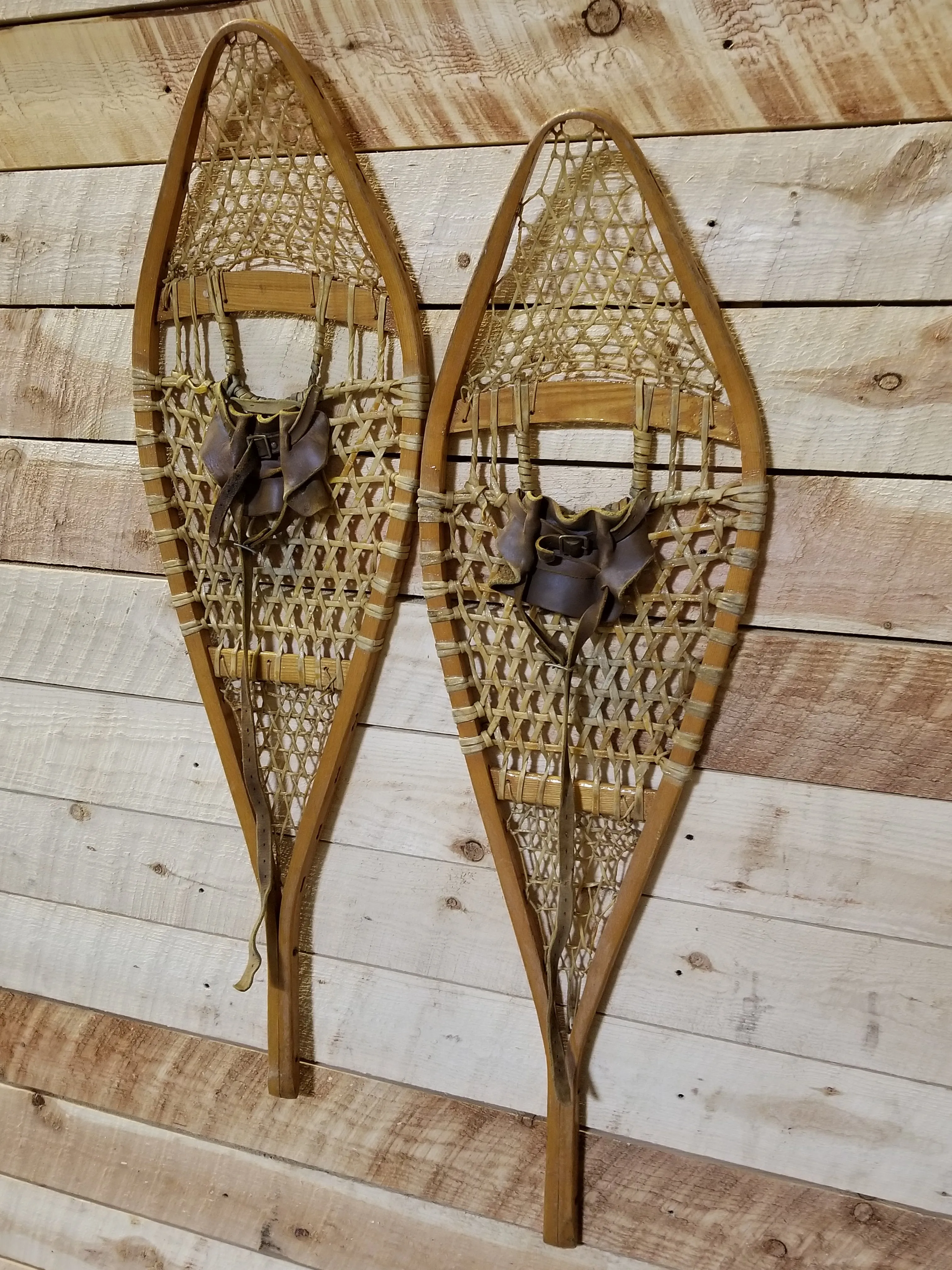 Classic Wooden Snowshoes with Leather Bindings