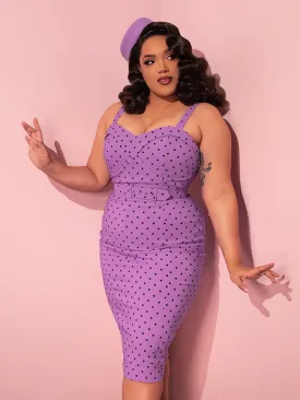 COMING BACK SOON - Maneater Wiggle Dress in Sunset Purple Polka Dot - Vixen by Micheline Pitt