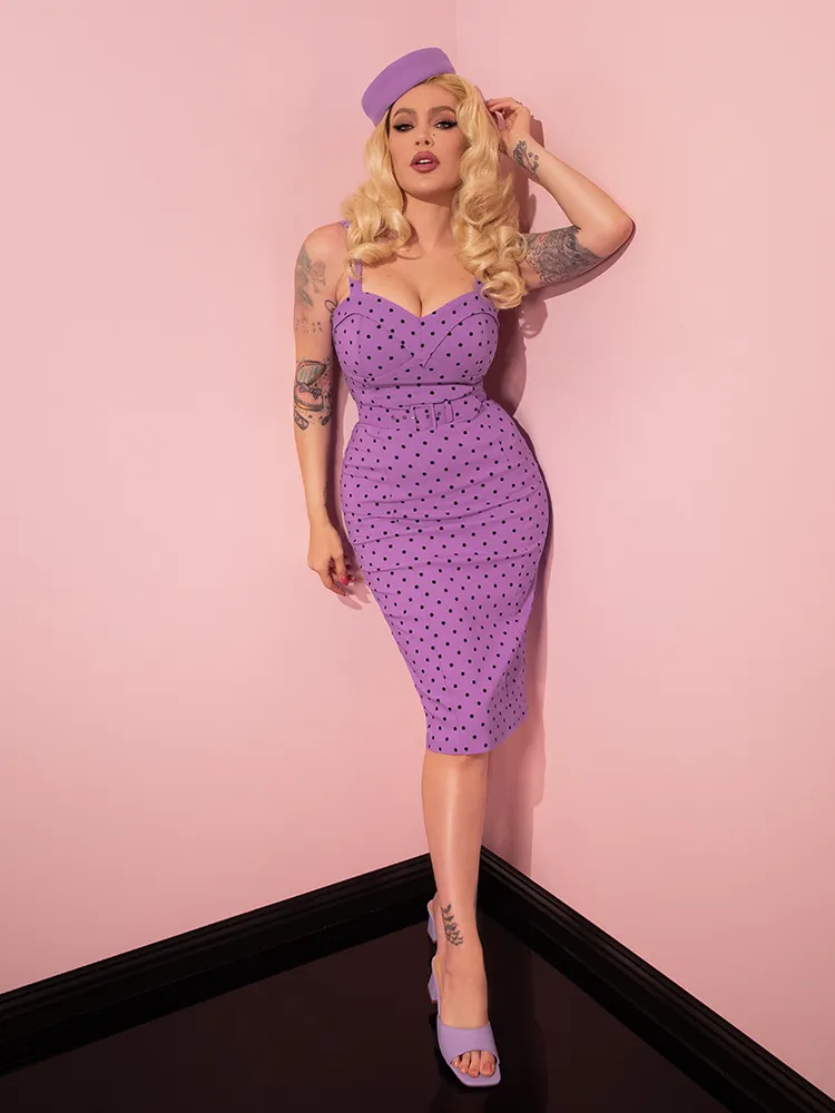 COMING BACK SOON - Maneater Wiggle Dress in Sunset Purple Polka Dot - Vixen by Micheline Pitt