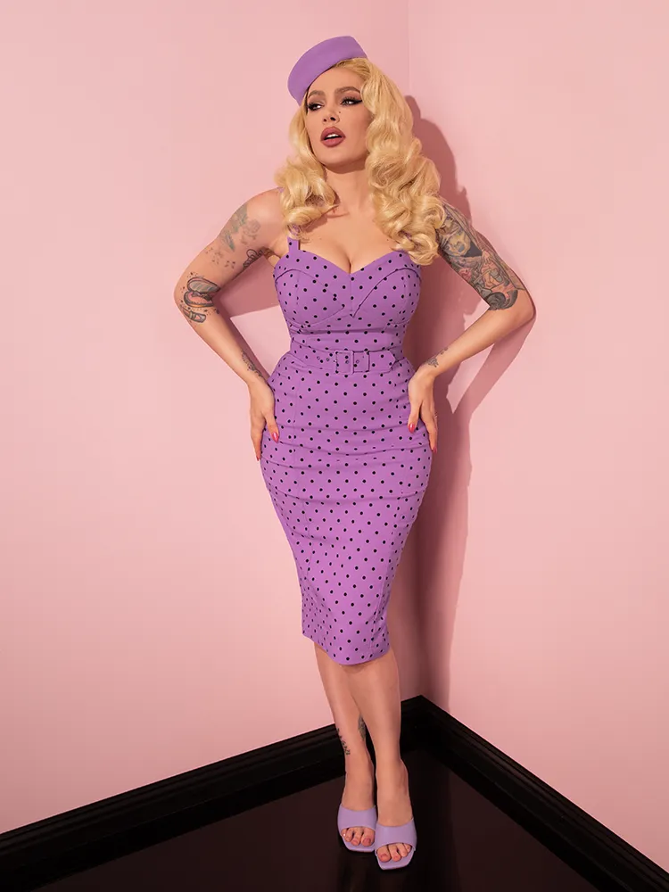 COMING BACK SOON - Maneater Wiggle Dress in Sunset Purple Polka Dot - Vixen by Micheline Pitt