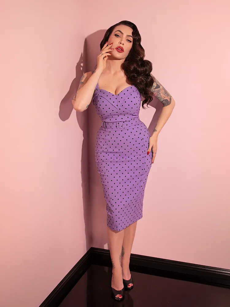 COMING BACK SOON - Maneater Wiggle Dress in Sunset Purple Polka Dot - Vixen by Micheline Pitt