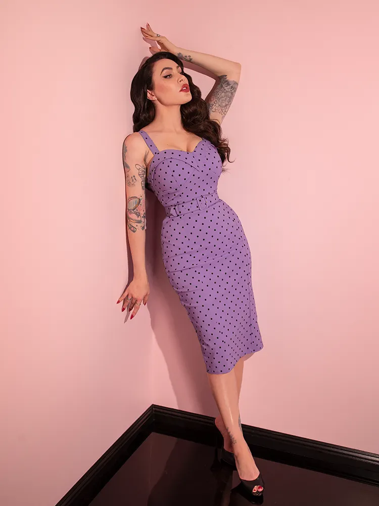 COMING BACK SOON - Maneater Wiggle Dress in Sunset Purple Polka Dot - Vixen by Micheline Pitt