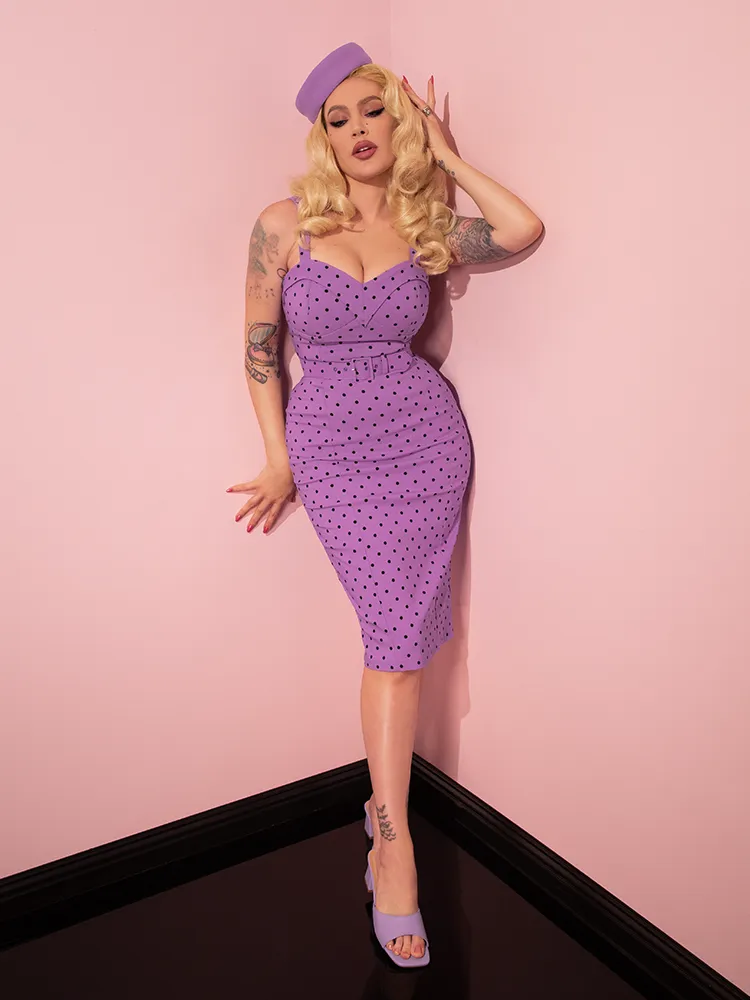 COMING BACK SOON - Maneater Wiggle Dress in Sunset Purple Polka Dot - Vixen by Micheline Pitt