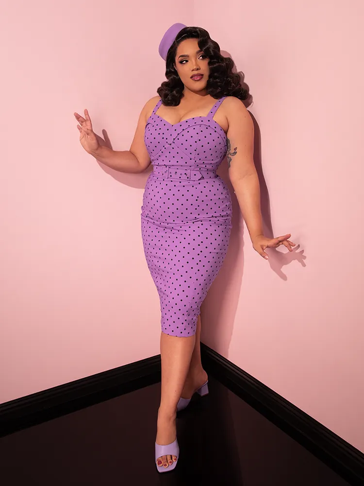 COMING BACK SOON - Maneater Wiggle Dress in Sunset Purple Polka Dot - Vixen by Micheline Pitt