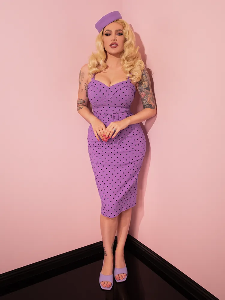 COMING BACK SOON - Maneater Wiggle Dress in Sunset Purple Polka Dot - Vixen by Micheline Pitt