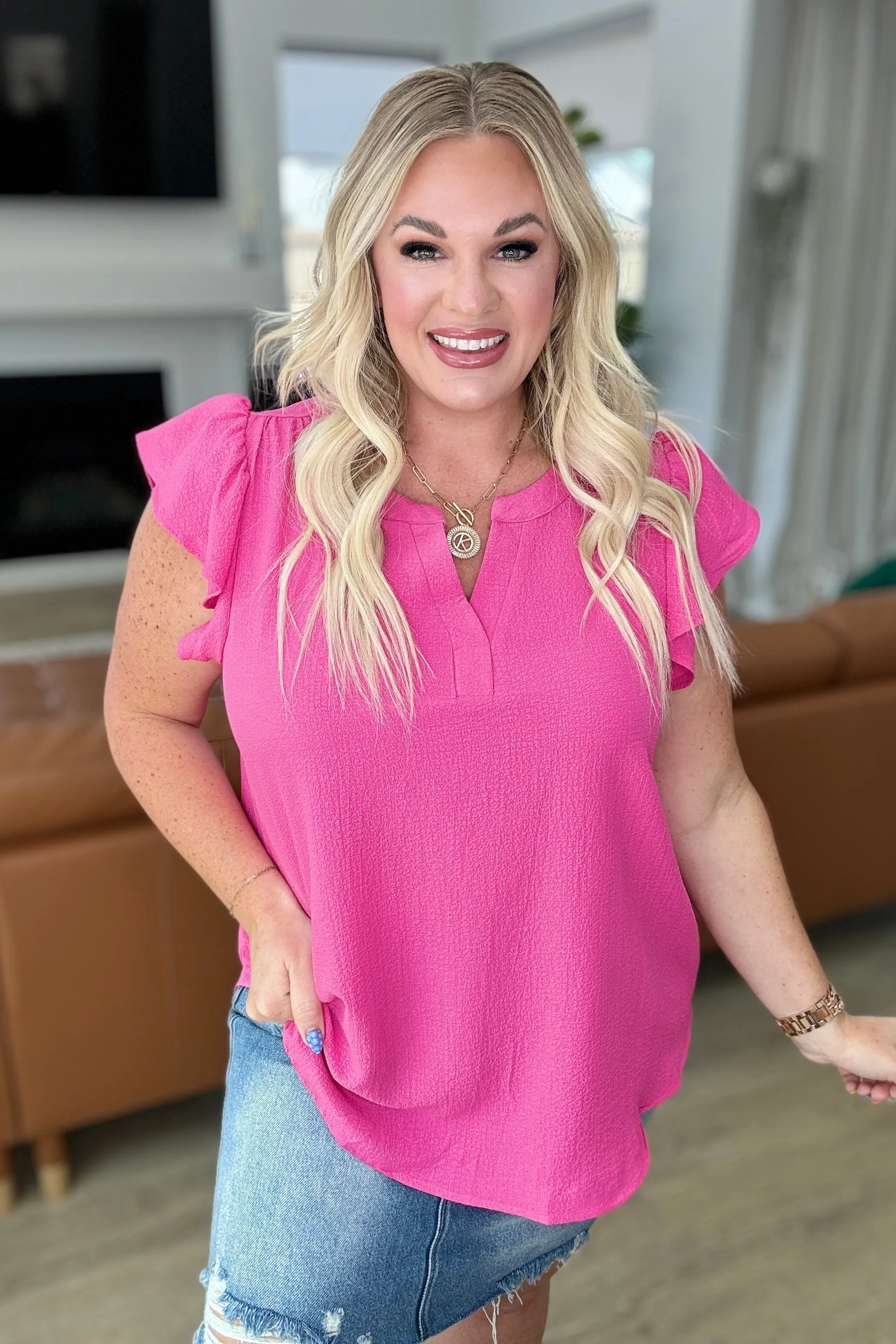 Crinkle Split Neckline Flutter Sleeve Top in Hot Pink