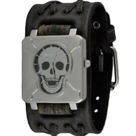 Cross Bones Skull Black Watch with Double X Distressed Black Leather Cuff VDXB930K