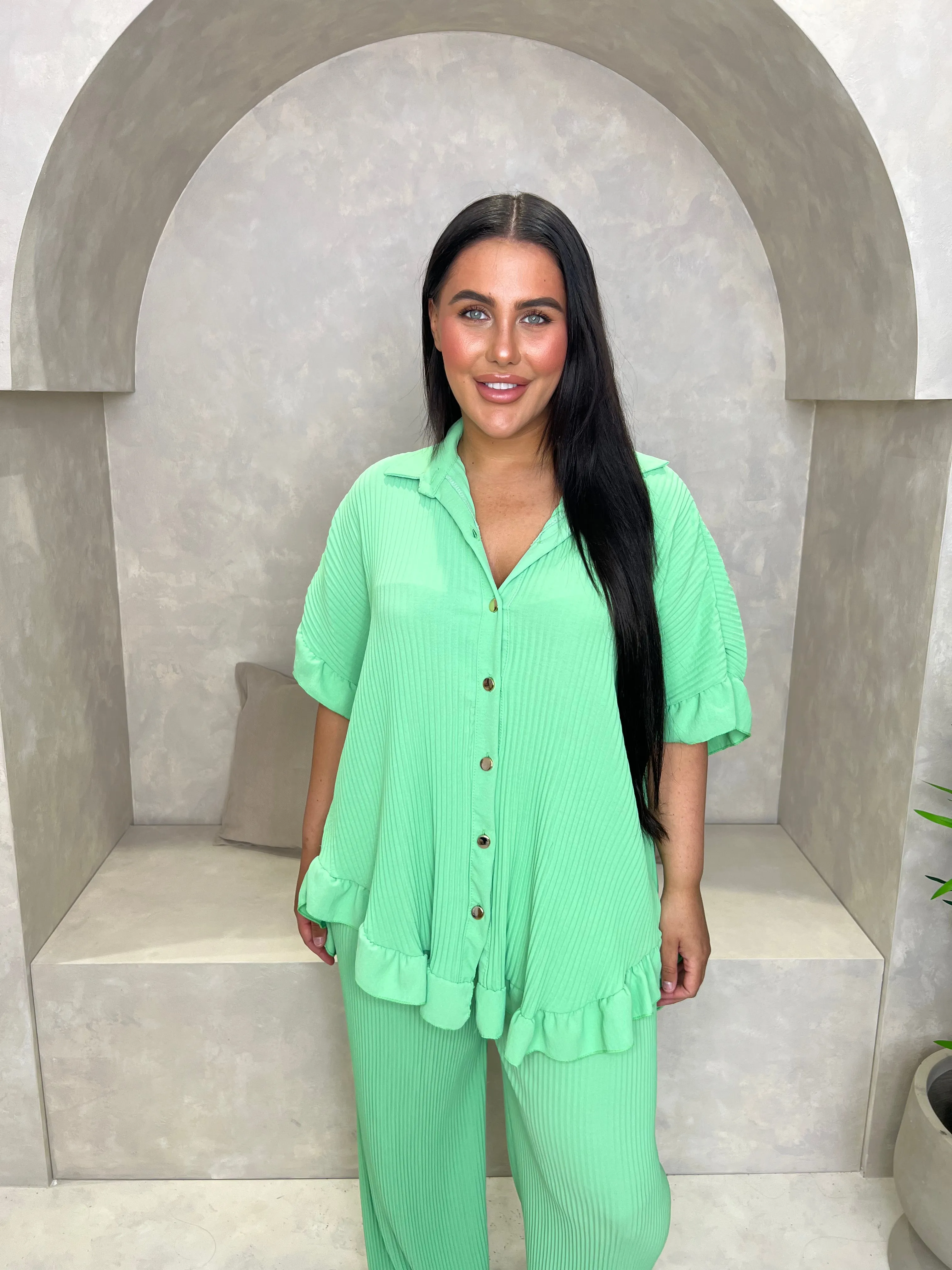 Curve Mint Green Ribbed Effect Wide Leg Trouser Set