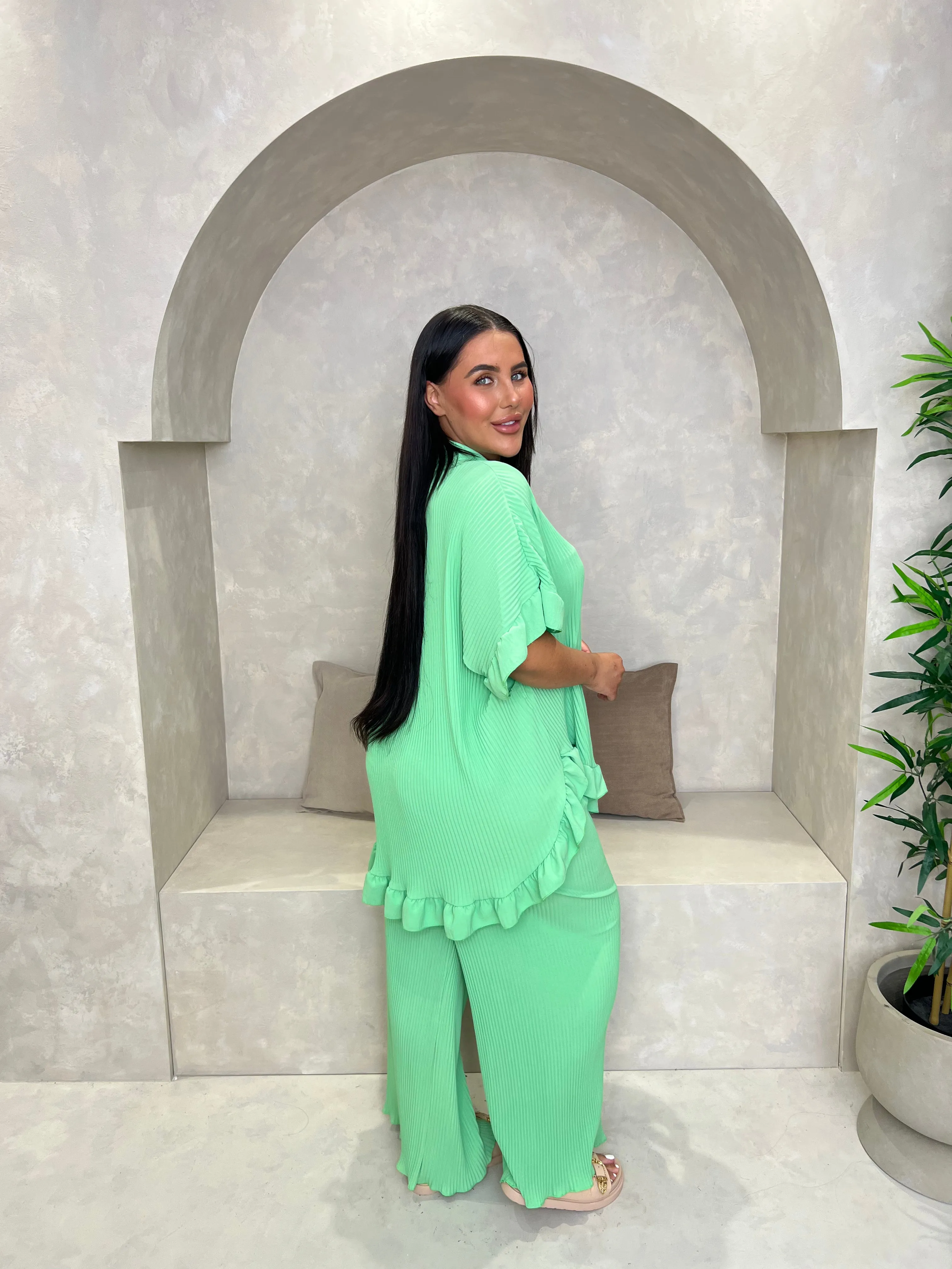 Curve Mint Green Ribbed Effect Wide Leg Trouser Set