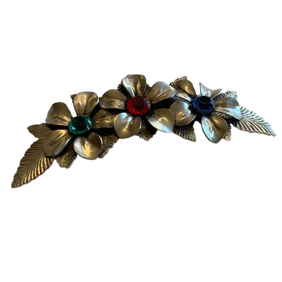 Curved Etched Silver Garland Brooch with Colored Glass circa 1890s