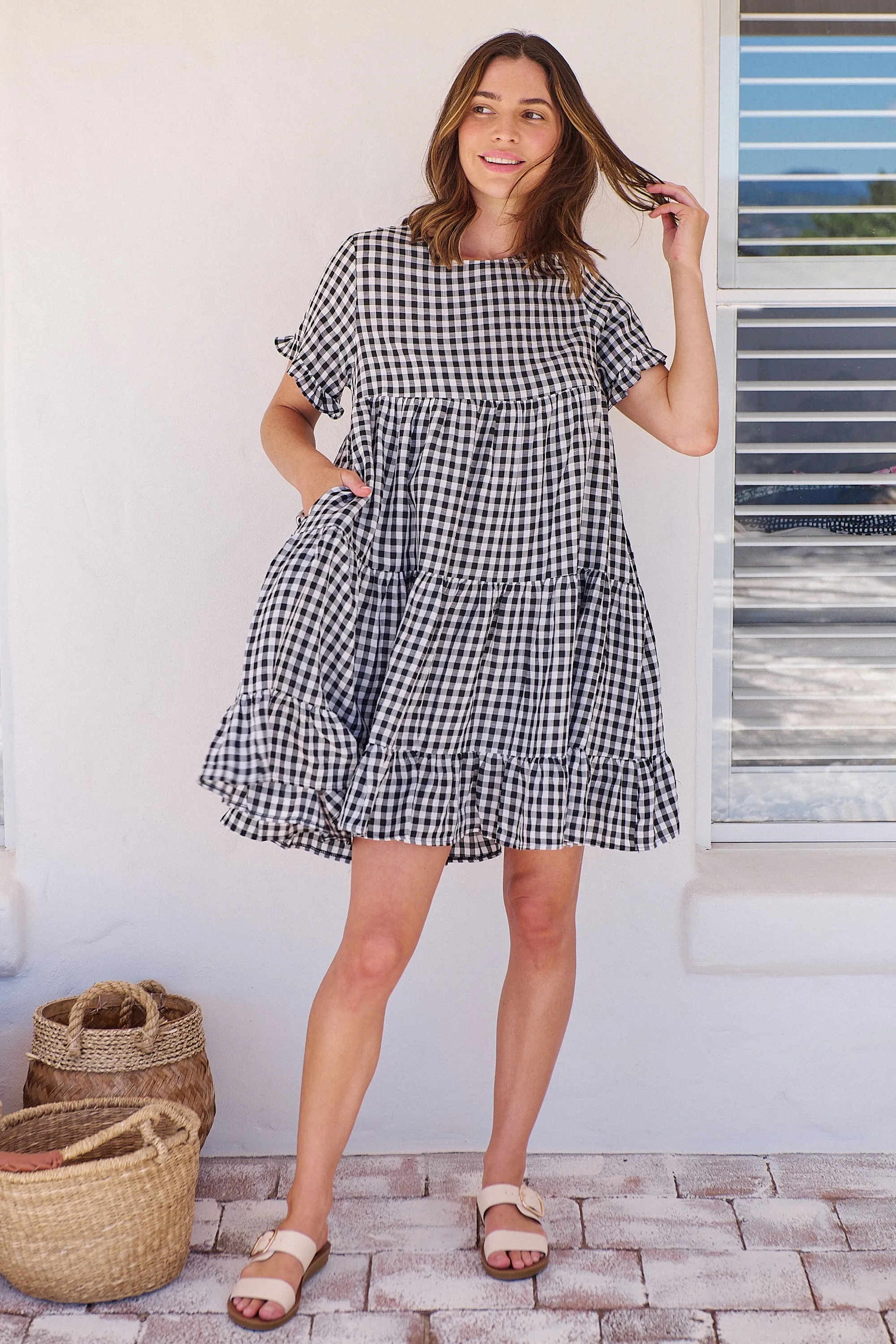 Dani White/Black Gingham Print Smock Dress