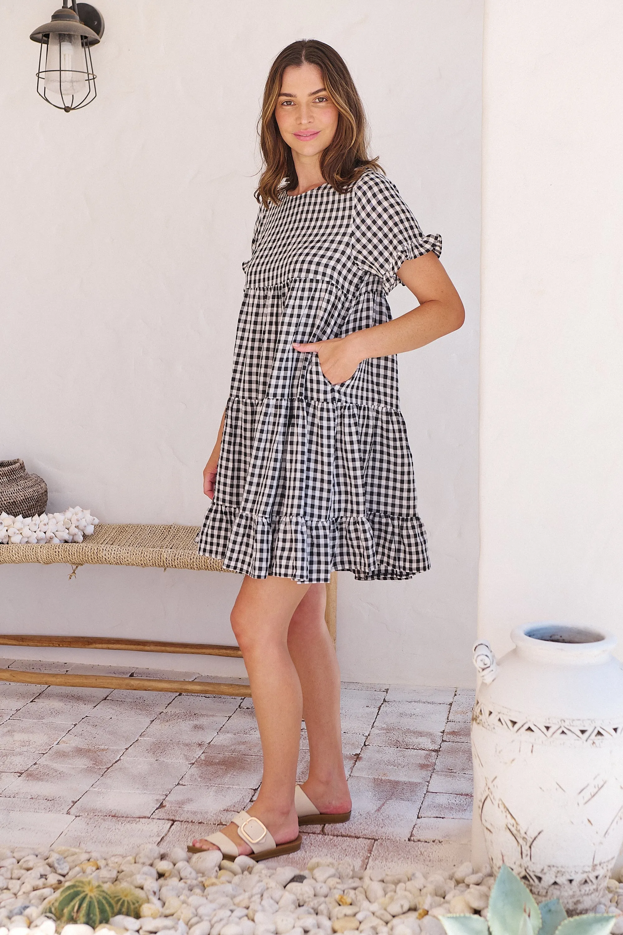 Dani White/Black Gingham Print Smock Dress