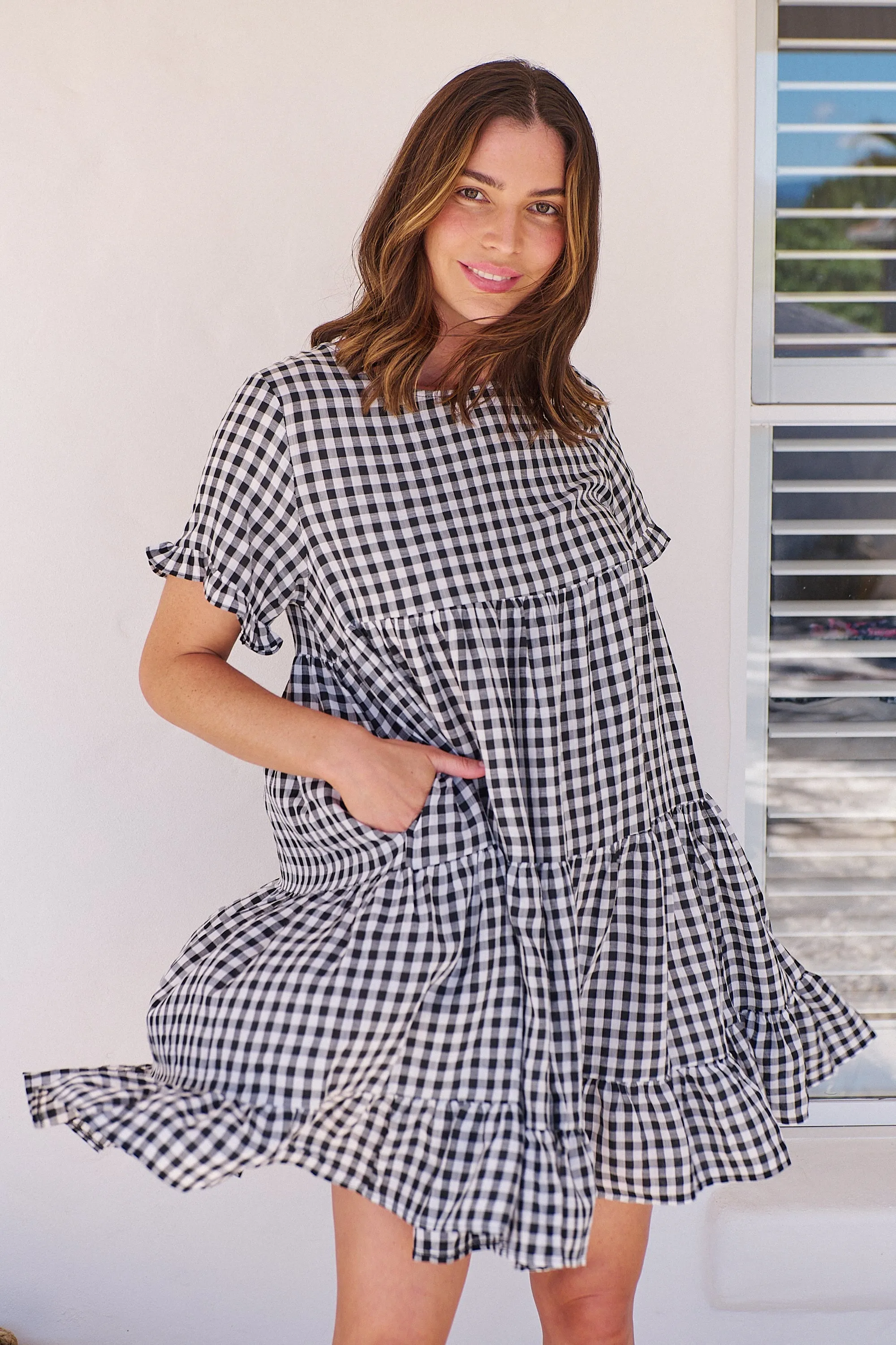 Dani White/Black Gingham Print Smock Dress