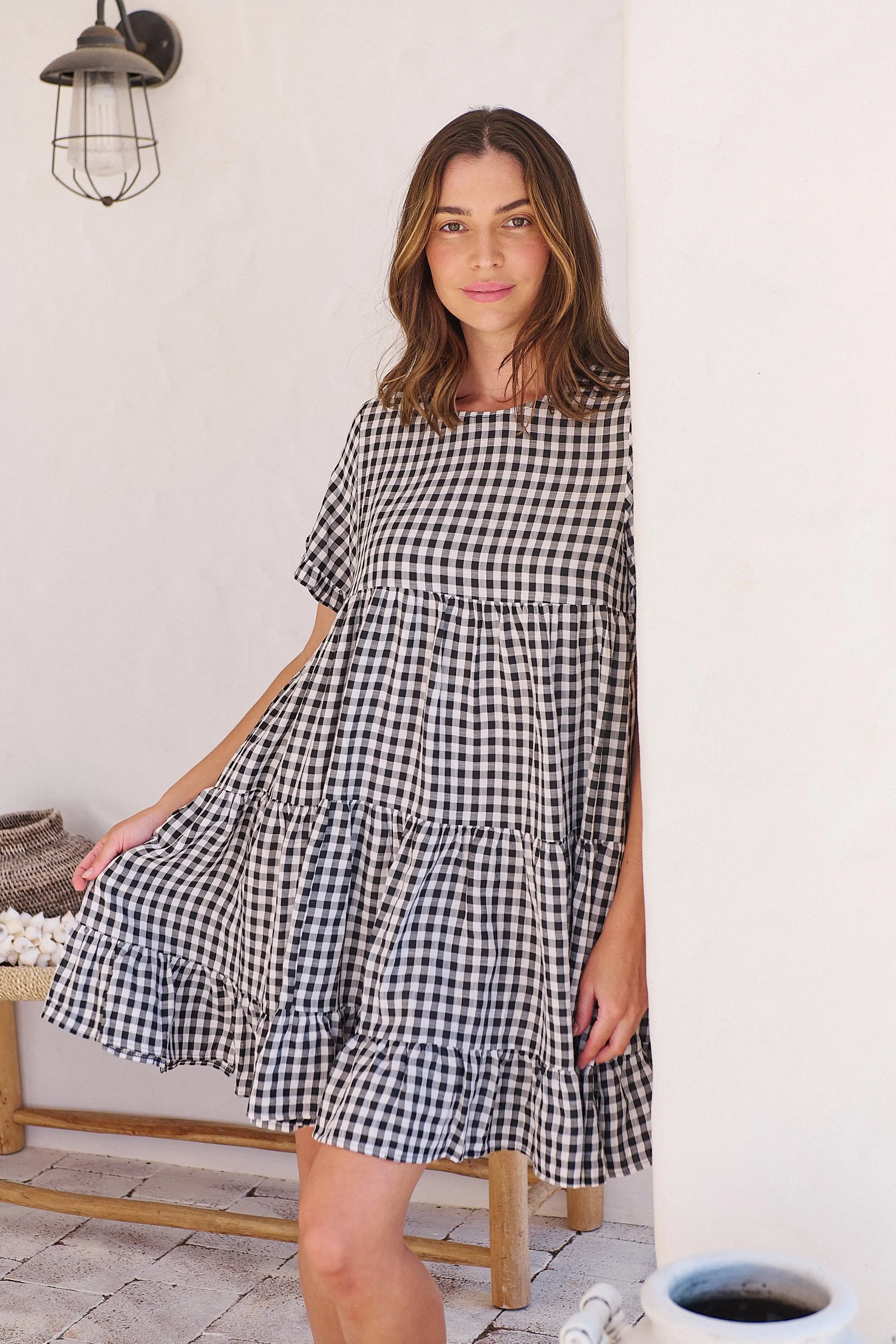 Dani White/Black Gingham Print Smock Dress