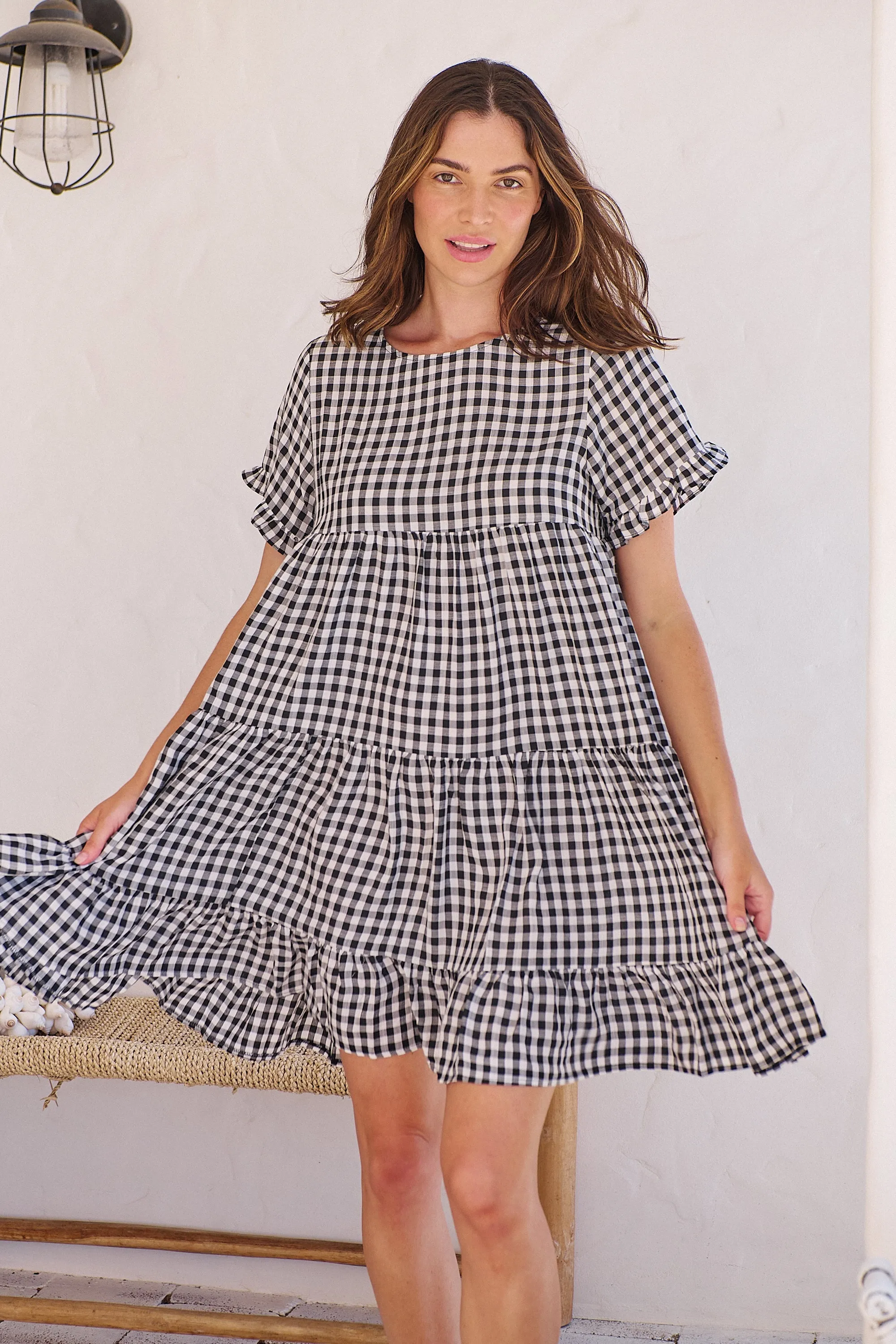 Dani White/Black Gingham Print Smock Dress