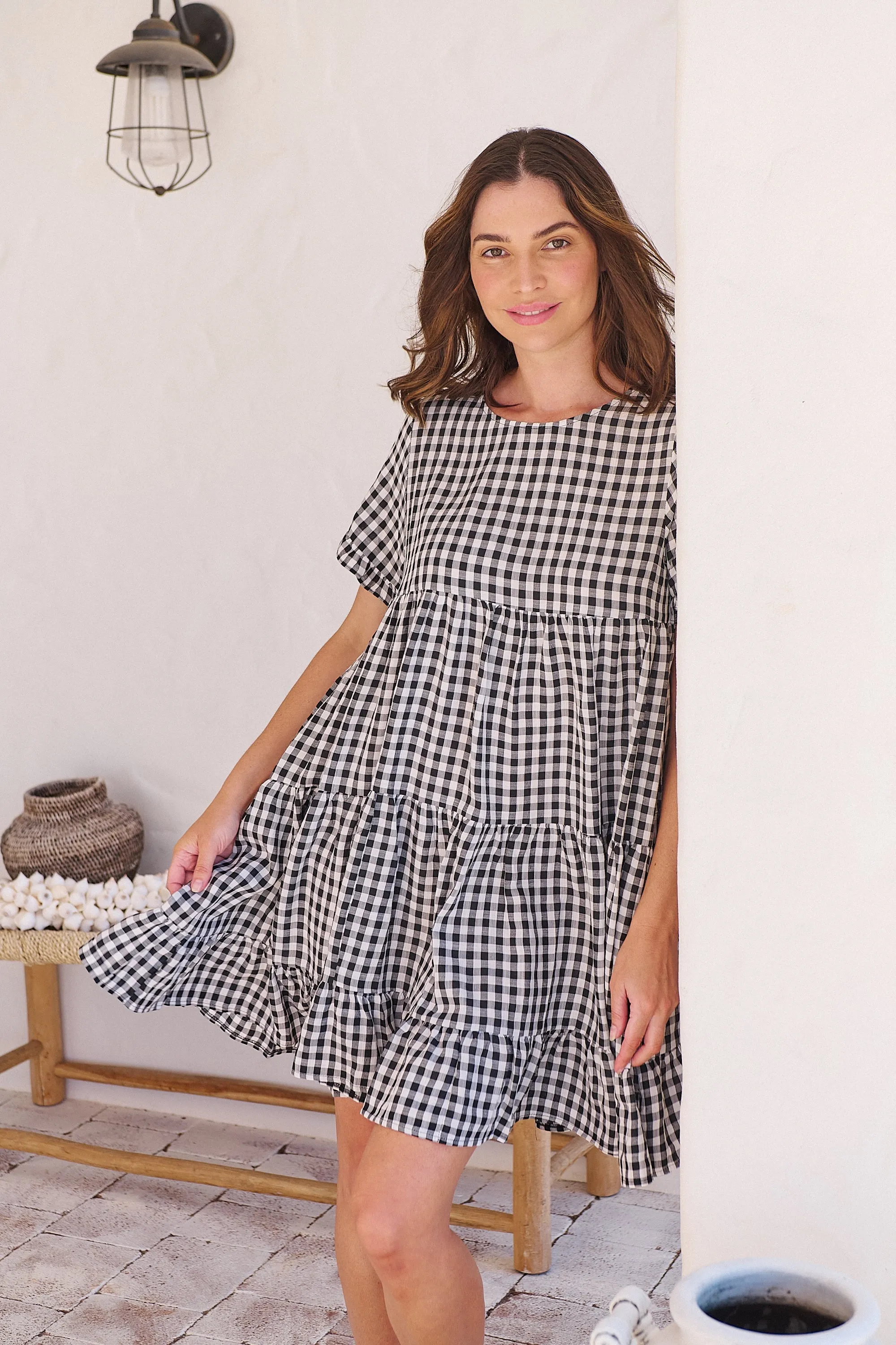 Dani White/Black Gingham Print Smock Dress