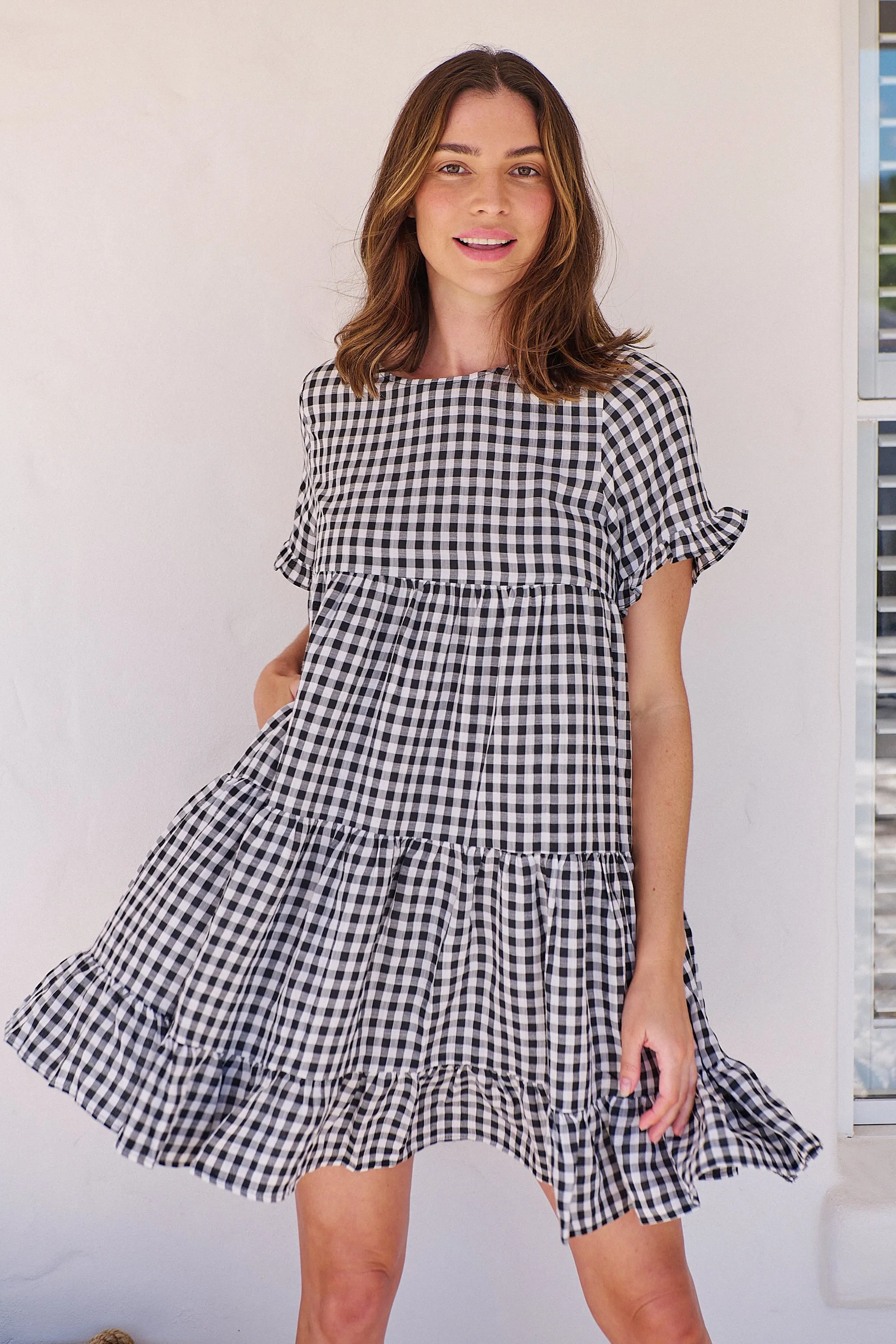 Dani White/Black Gingham Print Smock Dress