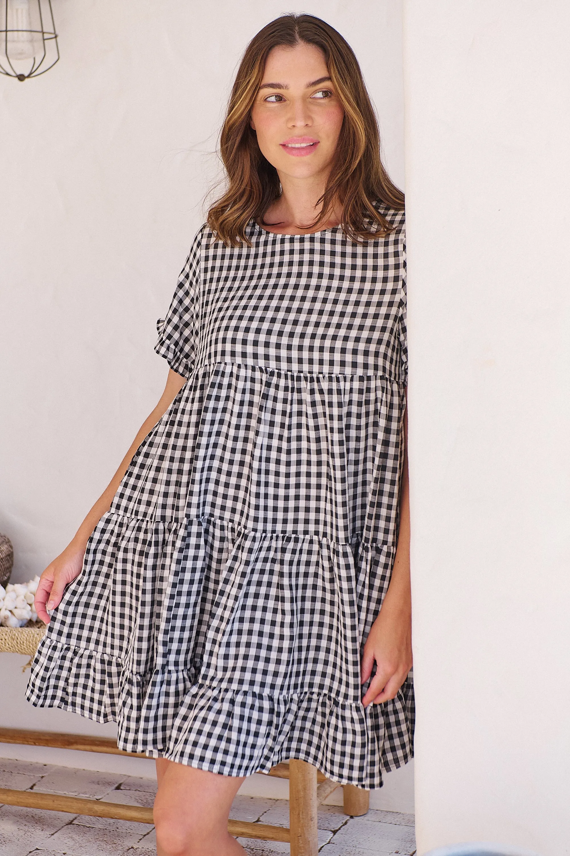 Dani White/Black Gingham Print Smock Dress