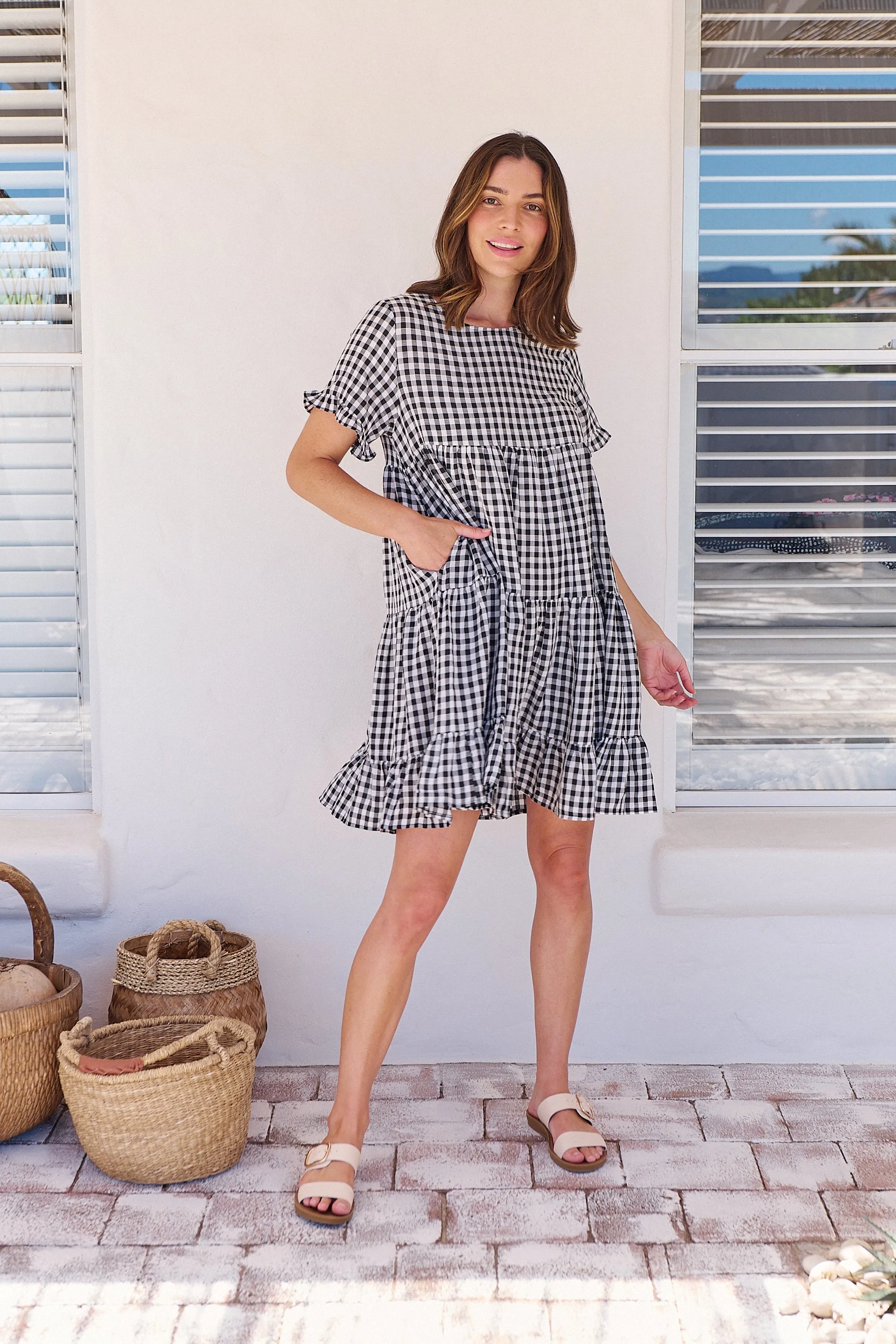 Dani White/Black Gingham Print Smock Dress