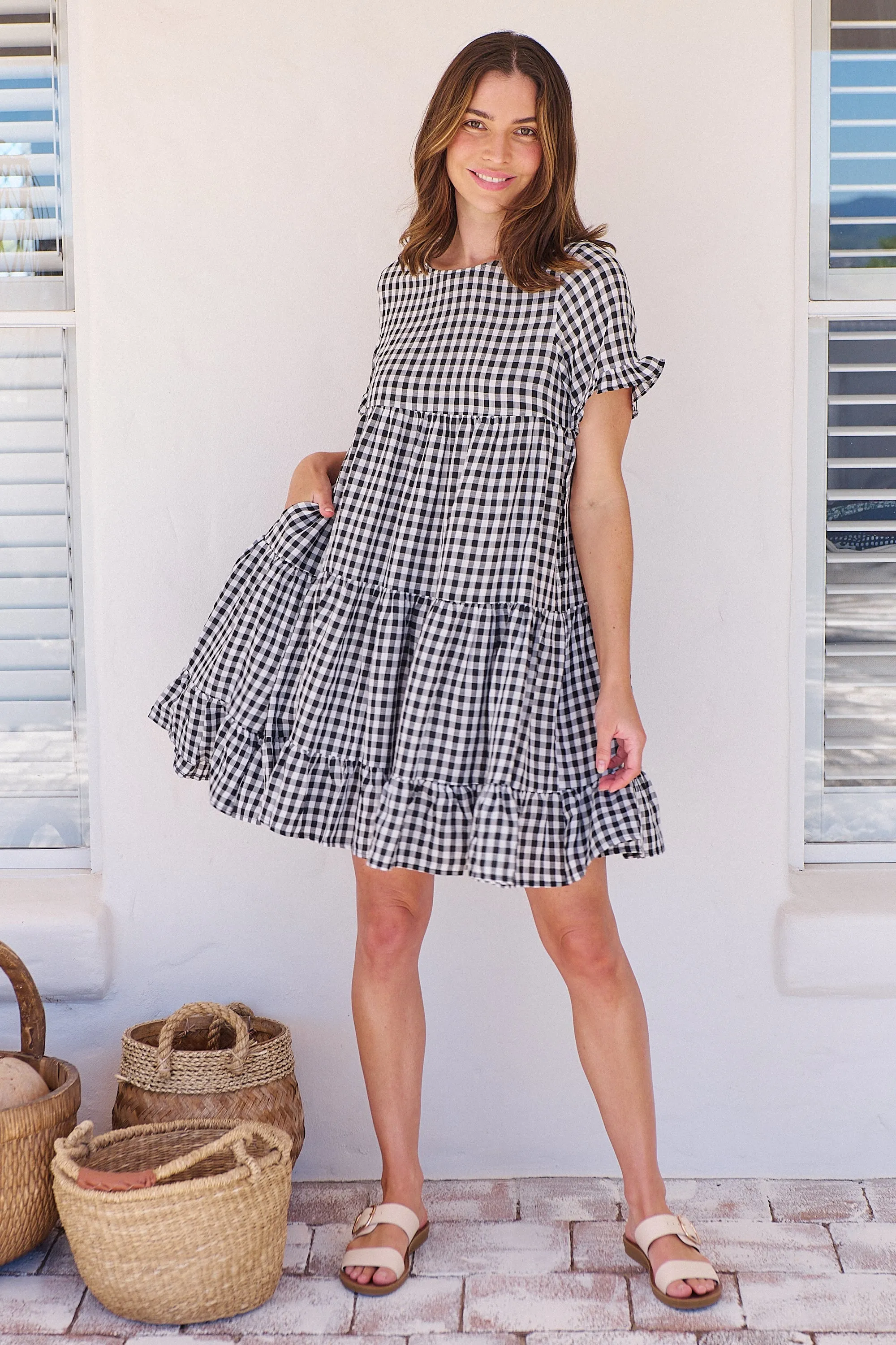 Dani White/Black Gingham Print Smock Dress