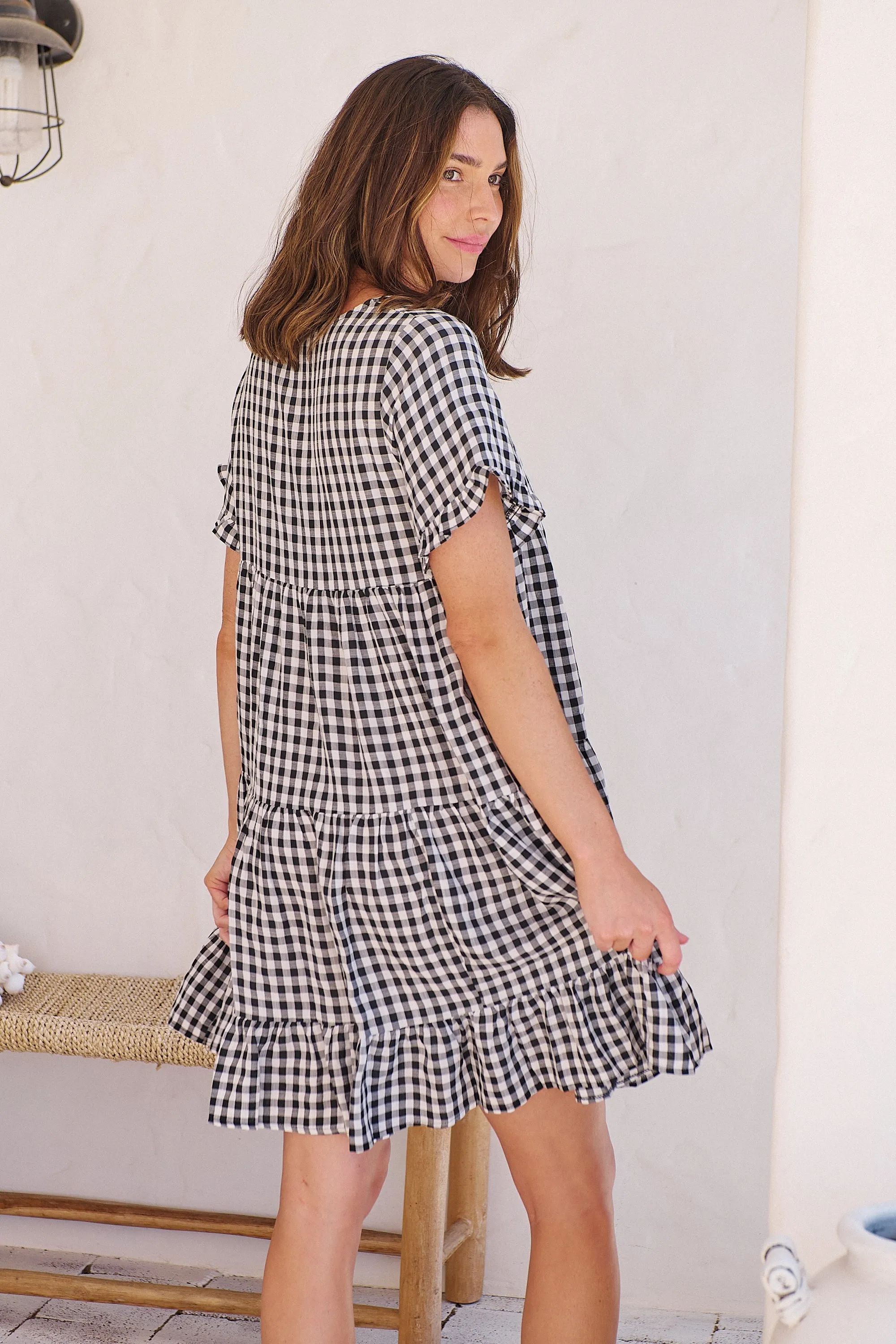 Dani White/Black Gingham Print Smock Dress