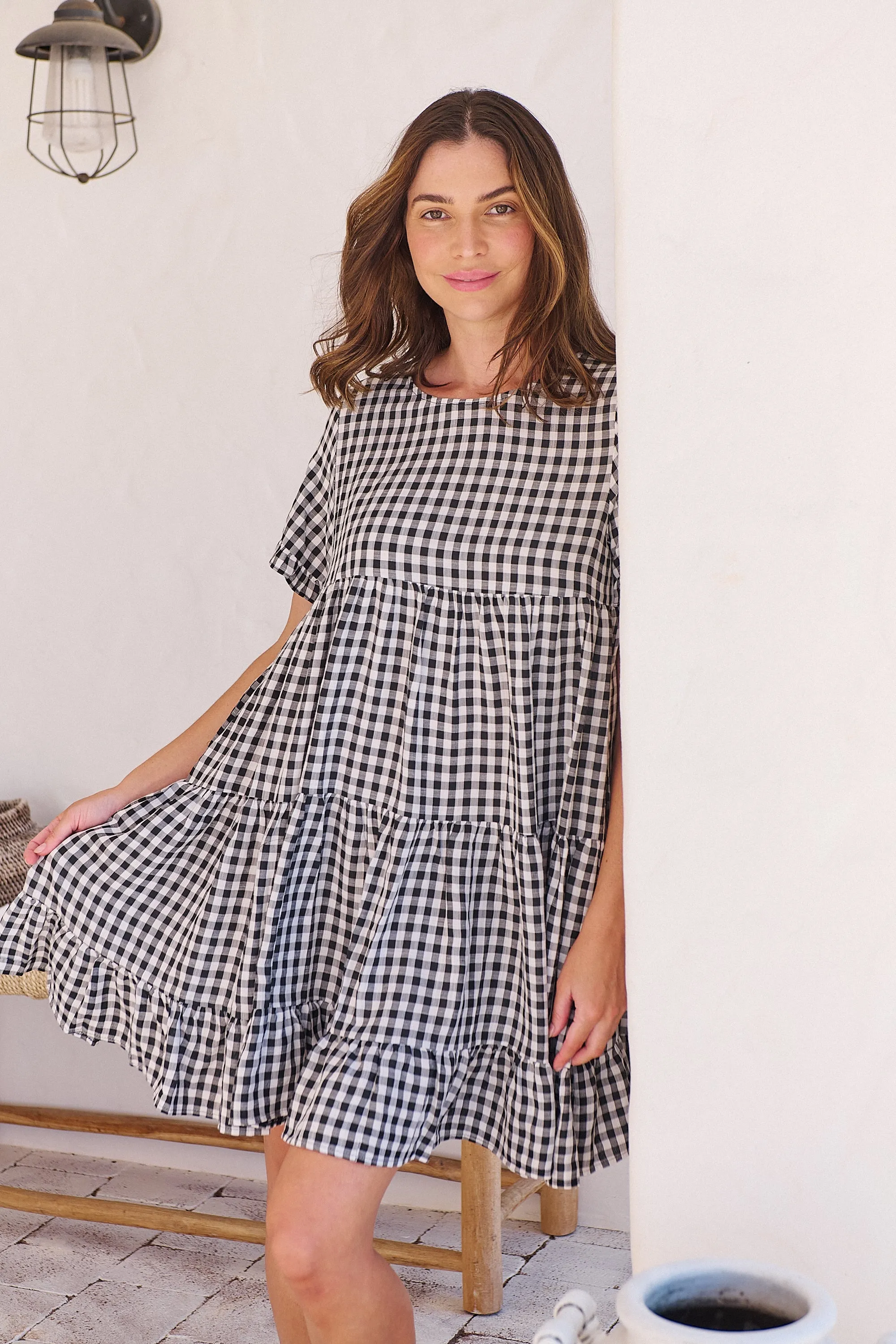 Dani White/Black Gingham Print Smock Dress