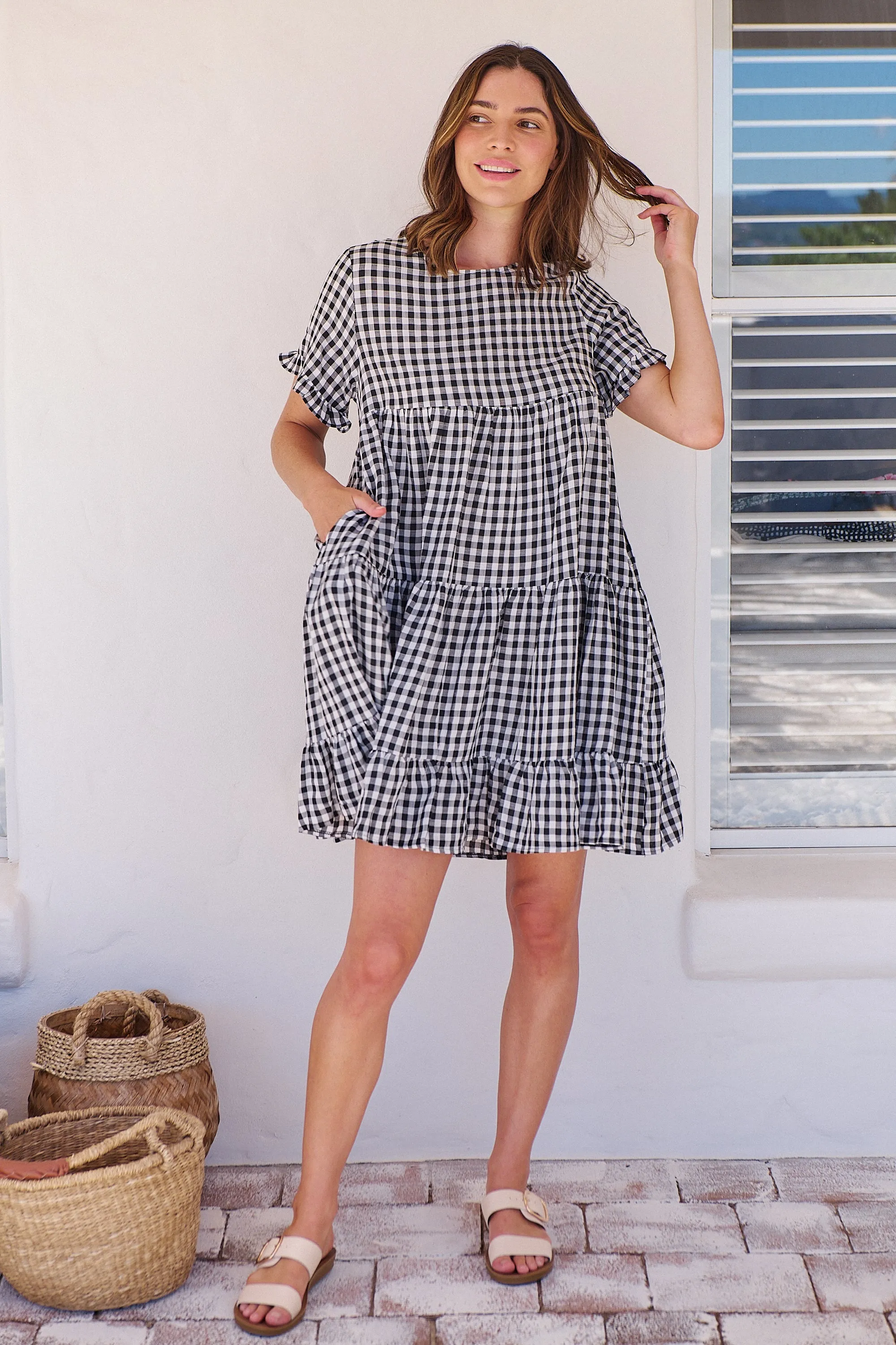 Dani White/Black Gingham Print Smock Dress