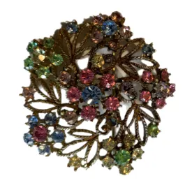 Delicate Gold Tone Filigree Brooch with Pastel Rhinestones circa 1950s