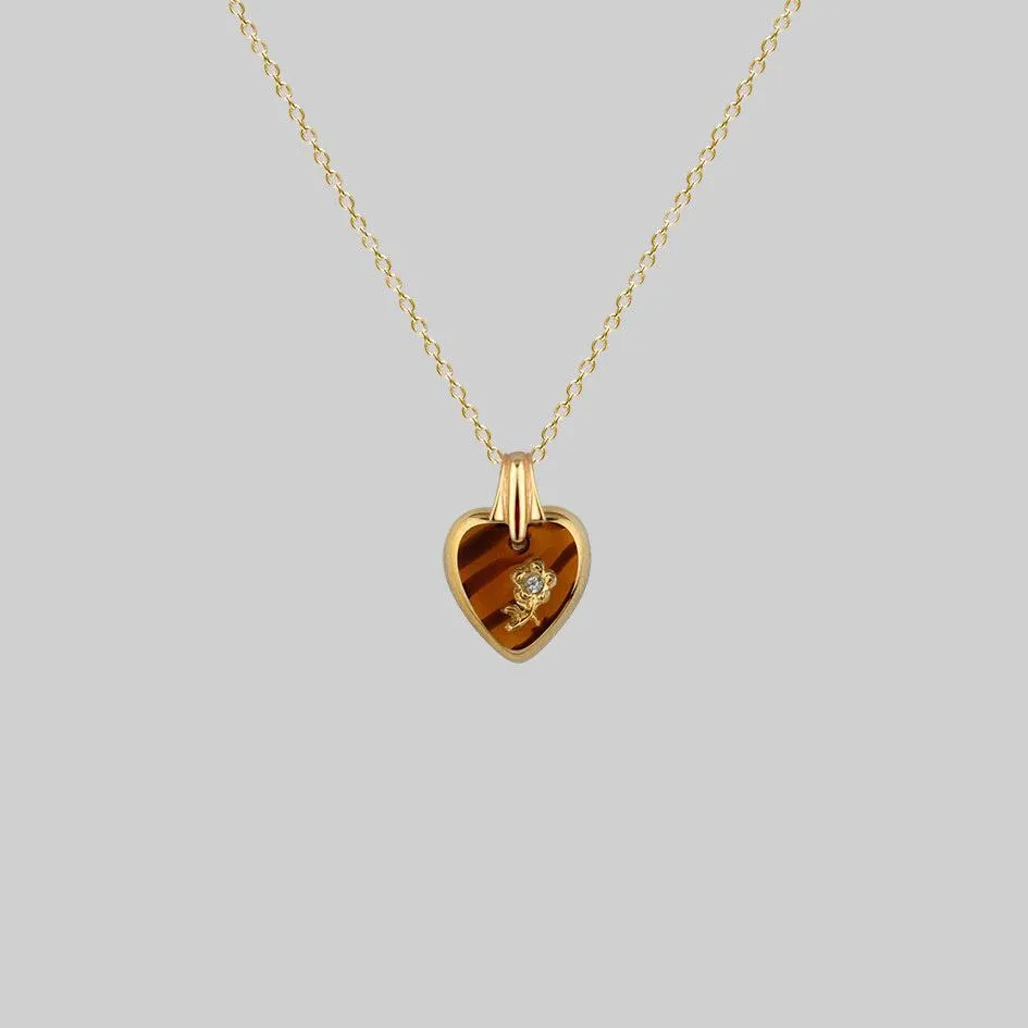 DOROTHY. Vintage Glass Heart Engraved Rose Pendant Necklace