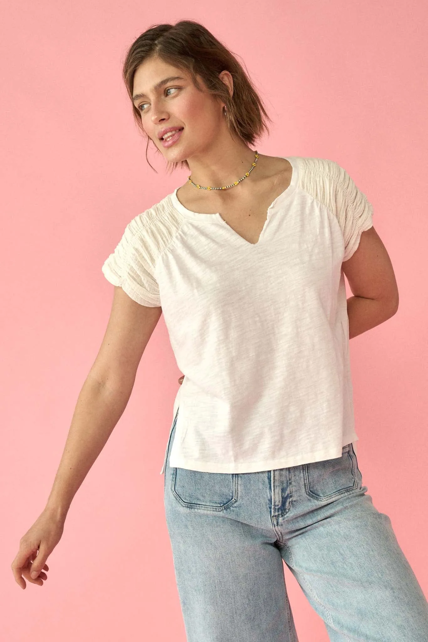 Easy Fit Ruched-Sleeve Cotton Slub Split-Neck Tee