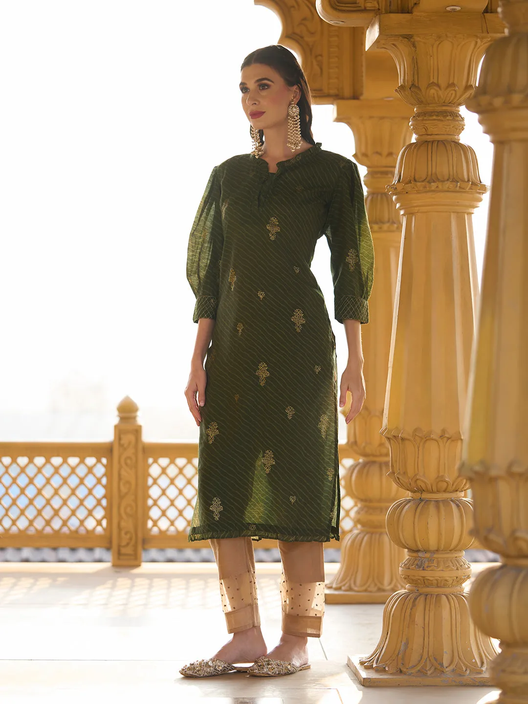 Ethnic Foil & Leheriya Printed Kurta with Dupatta - Moss Green