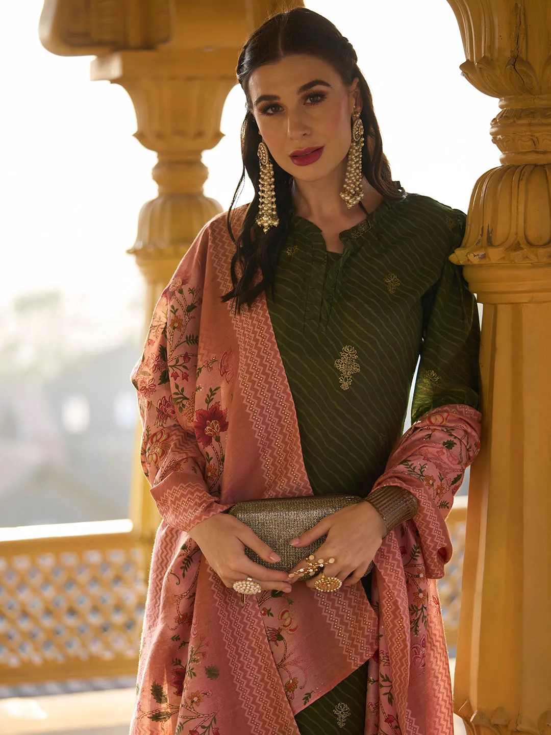 Ethnic Foil & Leheriya Printed Kurta with Dupatta - Moss Green