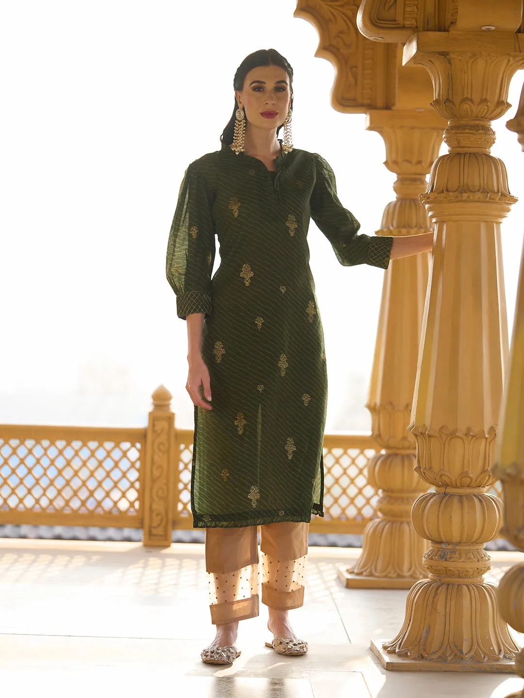 Ethnic Foil & Leheriya Printed Kurta with Dupatta - Moss Green