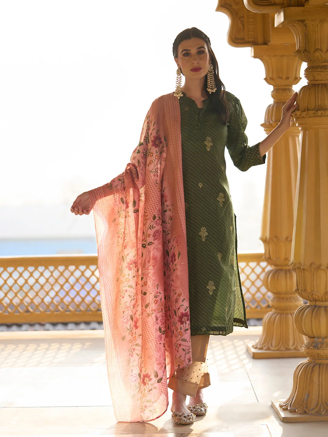 Ethnic Foil & Leheriya Printed Kurta with Dupatta - Moss Green