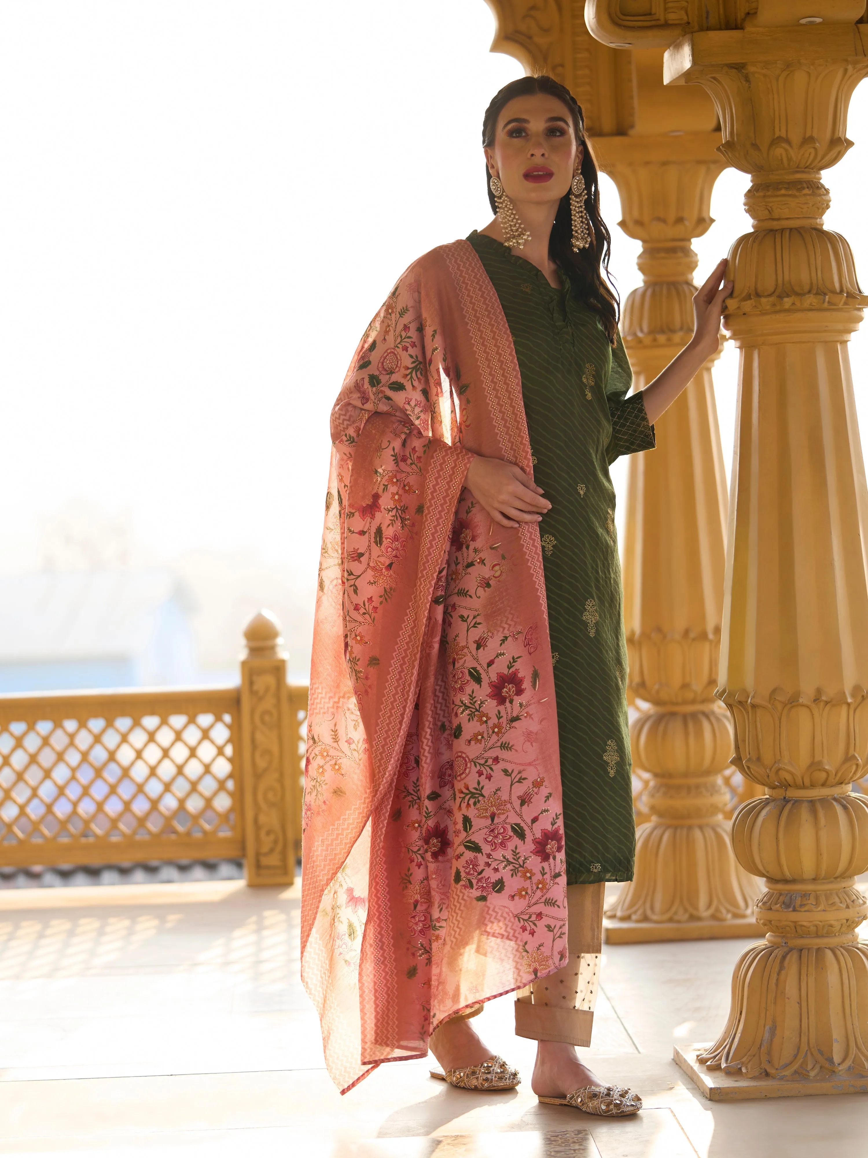 Ethnic Foil & Leheriya Printed Kurta with Dupatta - Moss Green