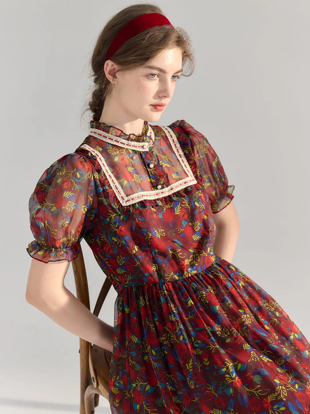 【Final Sale】Annika Polka Dot Print Mock Neck Puff Sleeve Chiffon Dress