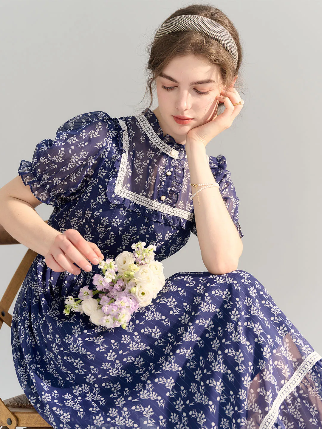 【Final Sale】Annika Polka Dot Print Mock Neck Puff Sleeve Chiffon Dress